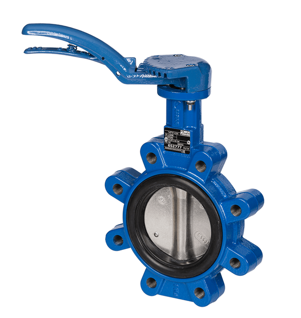 Затвор дисковый поворотный чугунный запорный межфланцевый симметричный с резьбовыми проушинами с рукояткой с уплотнением EPDM с нержавеющим диском Tecofi VPI464916 GGG50 ДУ 200 РУ 16